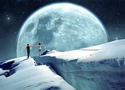 Kobieta i mężczyzna na tle księżyca w grafice fantasy