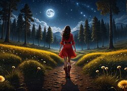 Kobieta idąca ścieżką w blasku księżyca