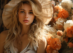 Kobieta w kapeluszu i kwiaty w grafice