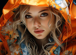 Kobieta w pomarańczowym kapturze w kwiatki
