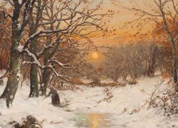 Zima, Las, Drzewa, Zmierzch, Kobieta, Malarstwo, Alois Arnegger
