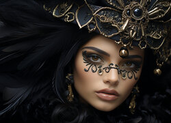 Kobieta z biżuterią i czarnymi piórami we włosach