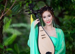 Kobieta, Azjatka, Instrument, Pipa, Drzewa