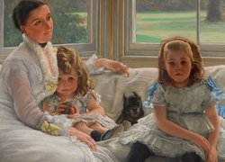 Kobieta z córkami i psem na obrazie Jamesa Tissota