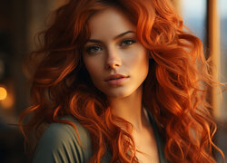 Kobieta z długimi rudymi włosami przy oknie