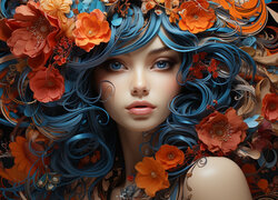 Kobieta z kolorowymi kwiatami w niebieskich włosach