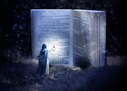 Kobieta z lampionem przed książką w grafice fantasy