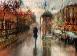 Kobieta z parasolem na ulicy Sankt Petrrsburga w deszczu