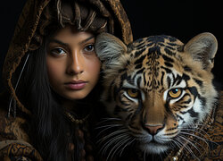 Kobieta z tygrysem bengalskim na czarnym tle