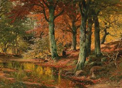 Jesień, Las, Drzewa, Liście, Rzeka, Kamienie, Kobieta, Malarstwo, Obraz, Alois Arnegger