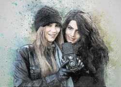 Kobiety z aparatem fotograficznym w grafice paintography