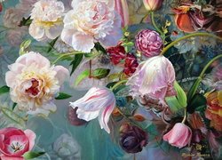 Malarstwo, Obraz, Zbigniew Kopania, Kwiaty, Róże, Tulipany, Piwonie