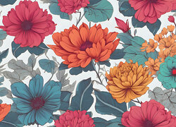 Kolorowe, Kwiaty, Liście, Grafika 2D