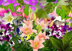 Kolorowe lilie i bratki w grafice