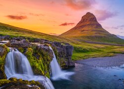 Islandia, Wodospad Kirkjufellsfoss, Góra, Kirkjufell, Rzeka, Skały, Zachód słońca