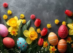 Wielkanoc, Pisanki, Kwiaty, Żonkile, Tulipany