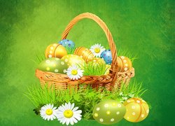 Wielkanoc, Koszyk, Jajka, Pisanki, Stokrotki