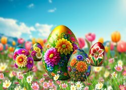 Wielkanoc, Kolorowe, Pisanki, Łąka, Kwiaty, Grafika 2D
