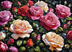 Kolorowe róże z pąkami i liśćmi w grafice
