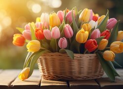 Kwiaty, Tulipany, Kolorowe, Koszyk, Deski