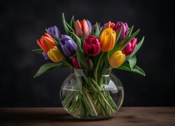 Kolorowe tulipany w szklanym wazonie na ciemnym tle