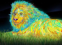 Kolorowy lew na trawie w grafice