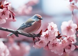 Kolorowy ptak na gałązce z różowymi kwiatami