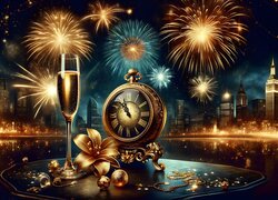 Kompozycja noworoczna z zegarem i fajerwerkami nad miastem