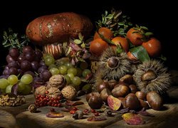 Owoce, Warzywa, Dynia, Kasztany jadalne, Orzechy, Winogrona, Mandarynki, Jarzębina, Liście, Kompozycja