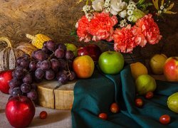 Jabłka, Winogrona, Cytryna, Kukurydza, Dynia, Materiał, Goździki, Wazon