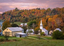 Wioska, East Cornith, Domy, Kościół, Las, Drzewa, Jesień, Vermont, Stany Zjednoczone