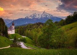 Kościół, Sanktuarium Maria Gern, Drzewa, Lasy, Droga, Góry, Alpy Salzburskie, Berchtesgaden, Bawaria, Niemcy