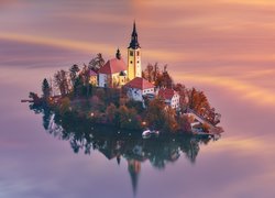 Słowenia, Jezioro Bled, Wyspa, Blejski Otok, Kościół, Domy, Drzewa