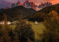 Włochy, Południowy Tyrol, Góry, Dolomity, Kościół św Jana, Wieś, Santa Maddalena, Dolina Val di Funes, Drzewa