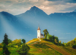 Słowenia, Wieś Jamnik, Góry, Alpy, Promienie słoneczne, Wzgórza, Kościół, Drzewa