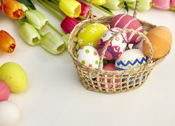 Wielkanoc, Koszyk, Kolorowe, Pisanki, Kwiaty, Tulipany