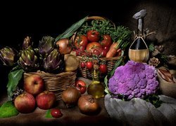 Warzywa, Karczochy, Pomidory, Kalafior, Cebula, Czarne tło