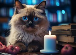 Kot obok książek i świec