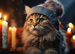 Kot w czapce i płonące świece