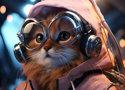 Kot w okularach i słuchawkach