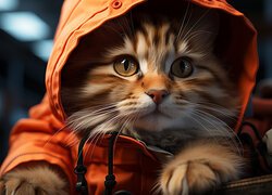 Kot w pomarańczowej kurtce z kapturem