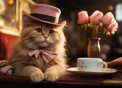 Kot w różowym kapeluszu z muszką