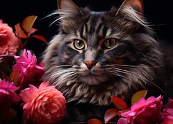 Kot wśród kwiatów na czarnym tle