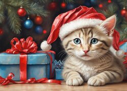Kotek w czapce Mikołaja i prezenty pod choinką