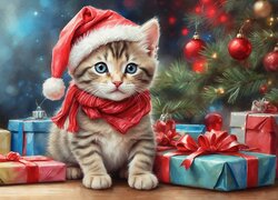 Kotek w czapce Mikołaja siedzący pośród prezentów