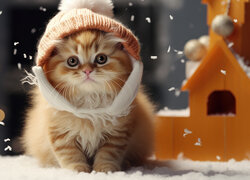 Kotek w czapce z pomponem obok domku