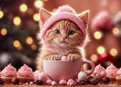 Kotek w różowej czapeczce oparty łapkami o filiżankę obok babeczek z kremem