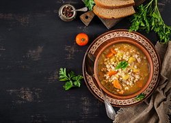 Zupa, Krupnik, Kasza, Warzywa, Talerz, Chleb, Pietruszka, Natka