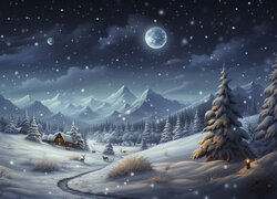 Księżyc nad oświetlonym domem w górskiej dolinie zimową porą