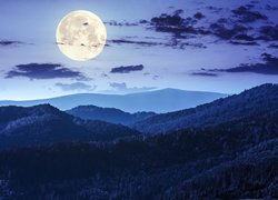Noc, Księżyc, Chmury, Góry, Las